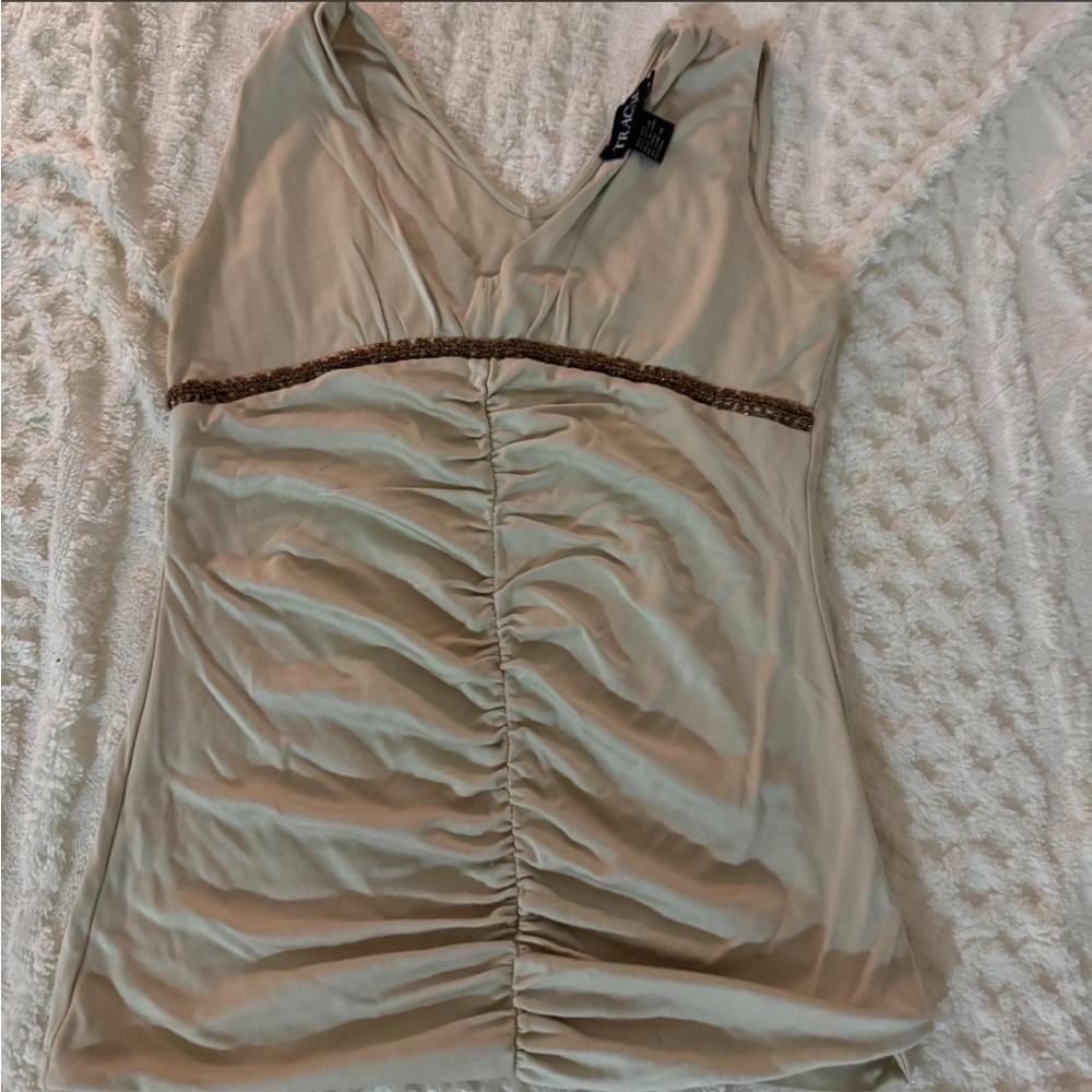 Tracy M Cream Ruched V-Neck Tank with Metallic Accent